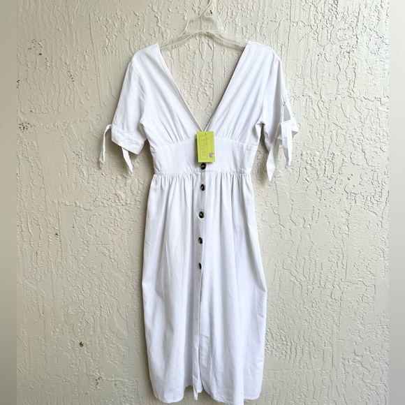 Palmacea v neck white linen blend midi dress XS - Picture 1 of 7